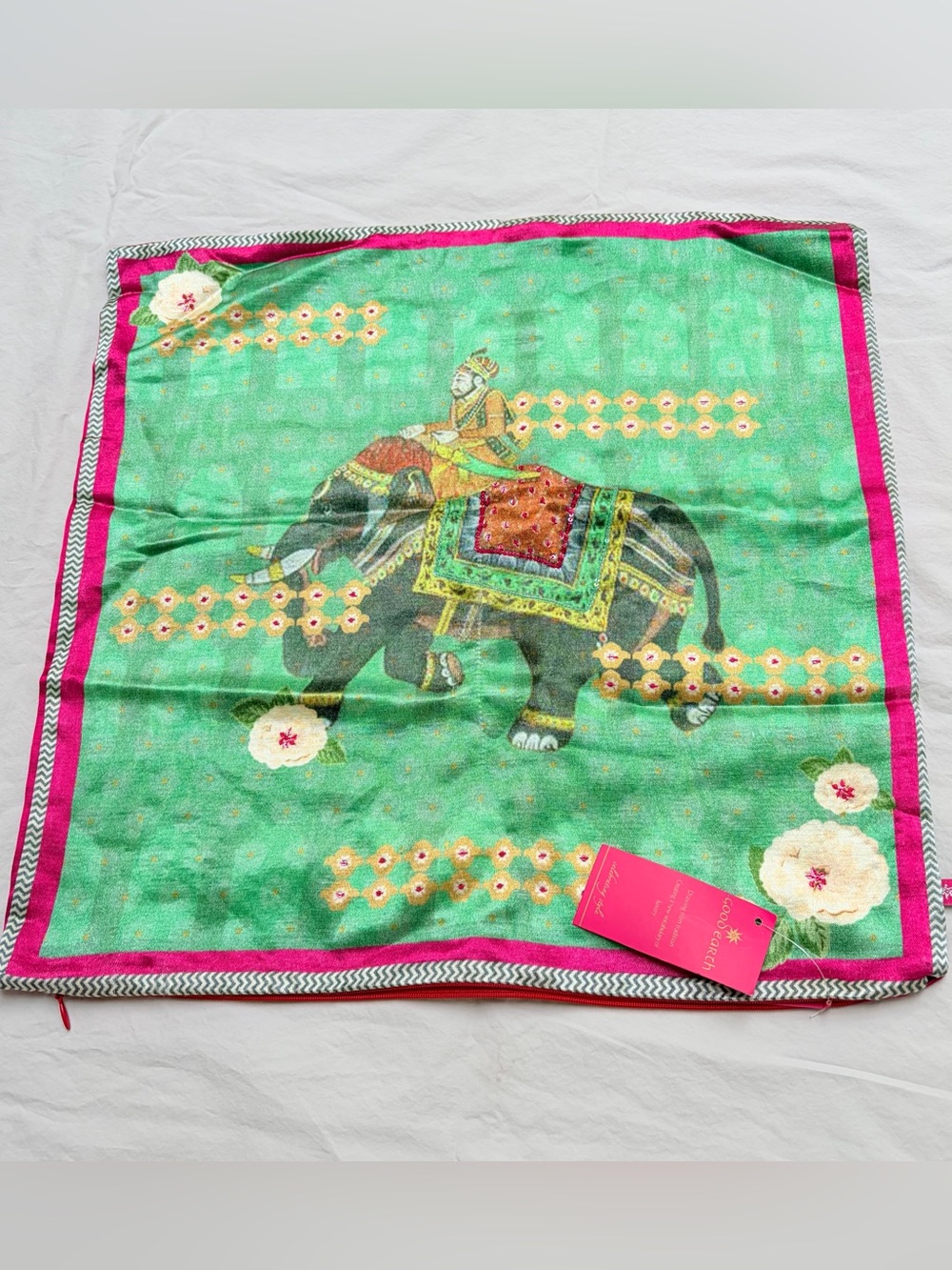 Green Elephant Print Pink pillow case with beaded sequins